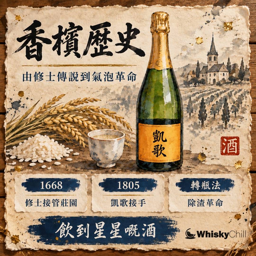 香檳歷史｜由Dom Pérignon傳說到氣泡革命，香檳王點樣誕生？｜主視覺圖解
