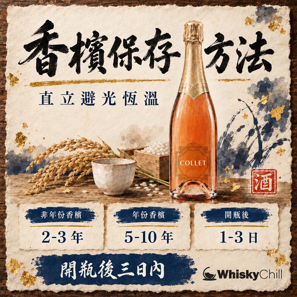 香檳保存方法：未開封放幾耐？直立定橫放？溫度同期限全解（2026）｜主視覺圖解