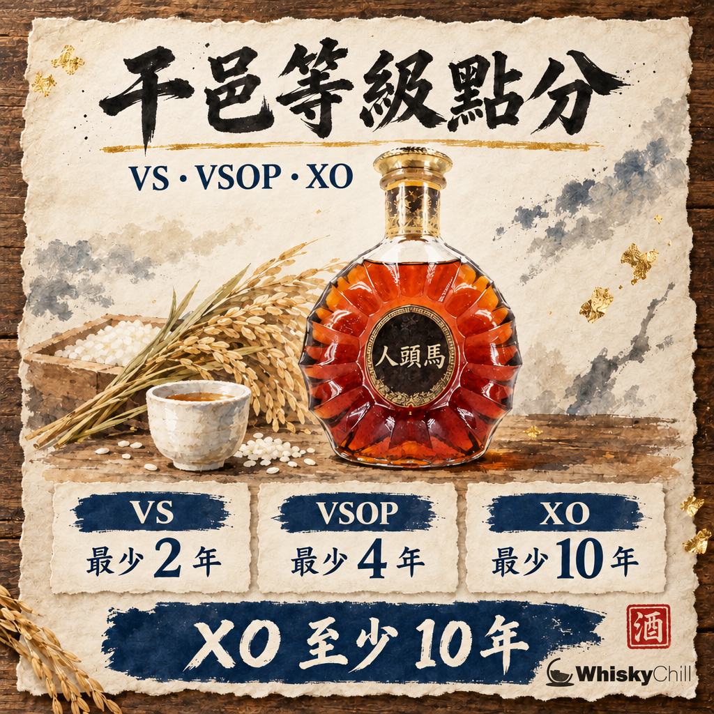 干邑等級點分：VS、VSOP、XO、藍帶一次講清（馬爹利・軒尼詩・人頭馬）｜主視覺圖解