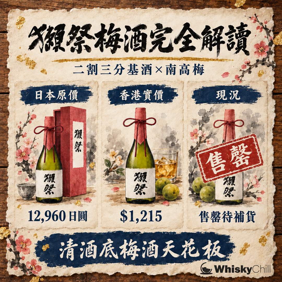 獺祭梅酒全攻略｜二割三分基酒×南高梅適熟梅，720ml 8度 800本限定，香港實價 $1,215（售罄・附替代推薦）｜WhiskyChill｜對比一覽