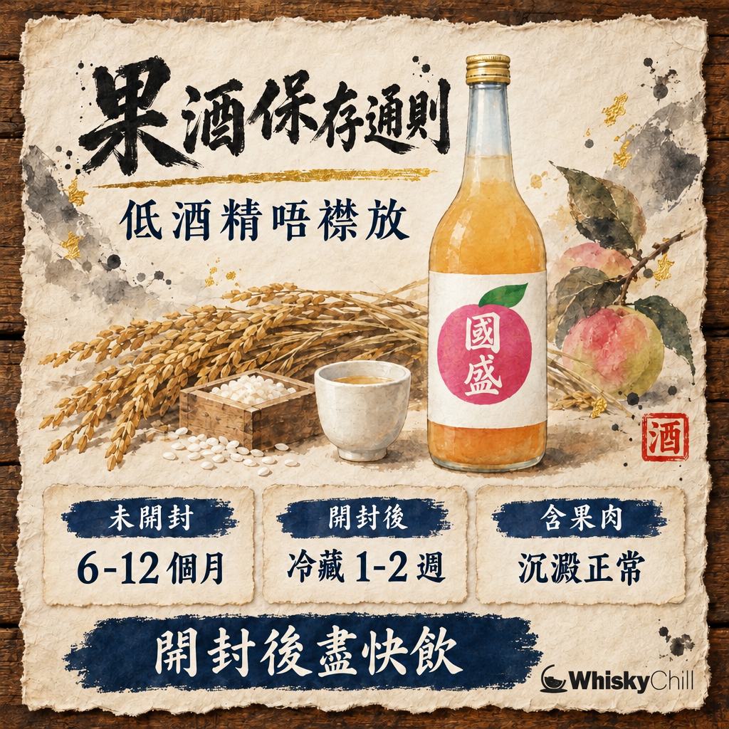 果酒保存通則：桃酒・荔枝酒・梅乃宿開封後期限＋雪櫃實戰（2026）｜主視覺圖解