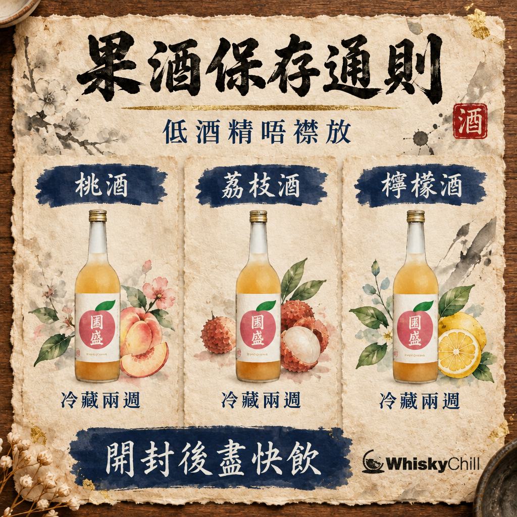 果酒保存通則：桃酒・荔枝酒・梅乃宿開封後期限＋雪櫃實戰（2026）｜對比一覽
