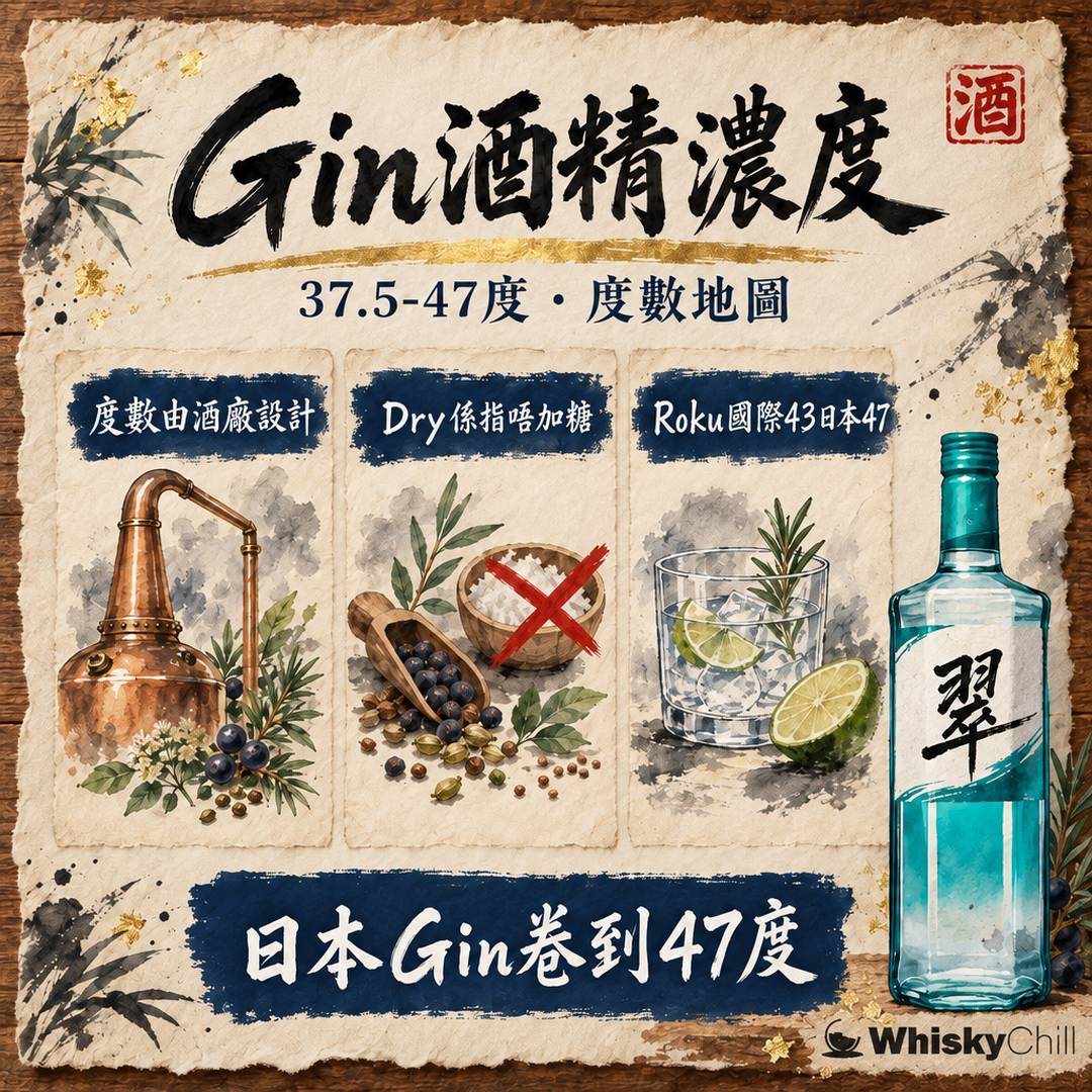 Gin 酒精濃度係幾多？37.5–47% 度數地圖｜翠 SUI、六 ROKU 各幾多度（香港）｜三個重點