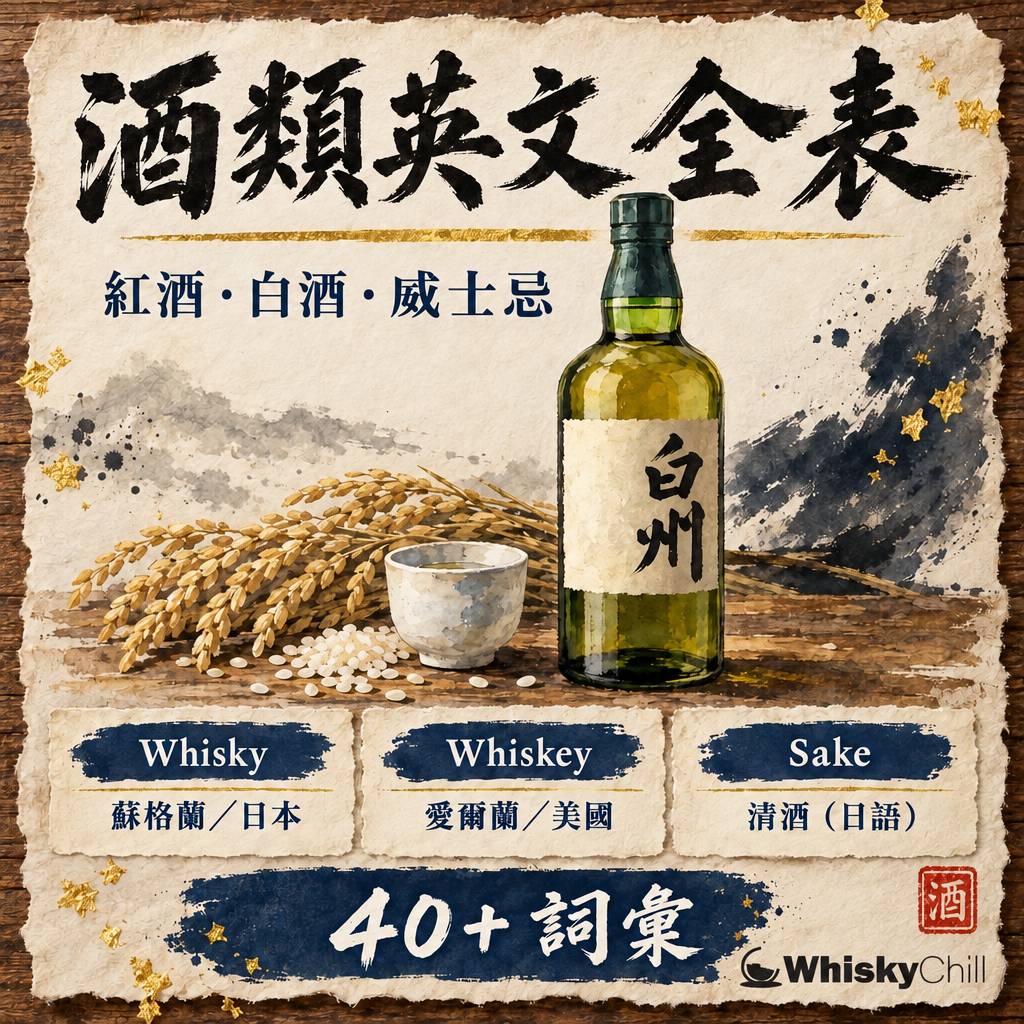 酒類英文全表：紅酒、白酒、威士忌、清酒、梅酒英文點講？｜主視覺圖解