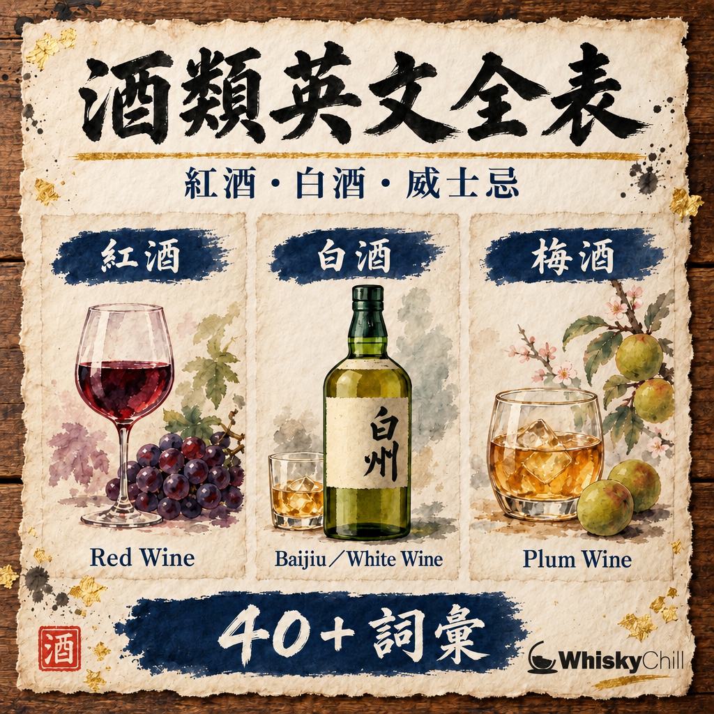 酒類英文全表：紅酒、白酒、威士忌、清酒、梅酒英文點講？｜對比一覽