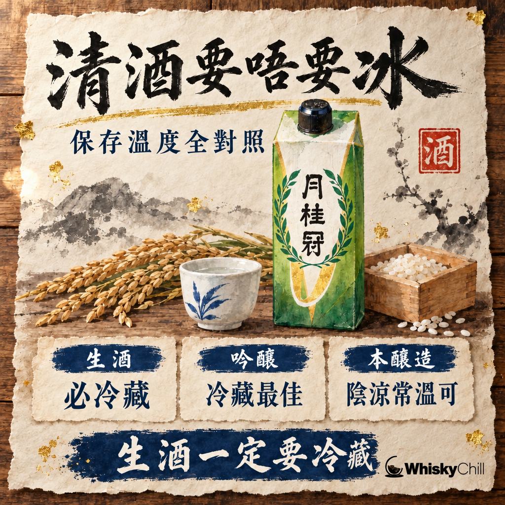 清酒要唔要放雪櫃？冷藏定常溫｜生酒、吟釀、純米保存溫度全對照（2026）｜主視覺圖解