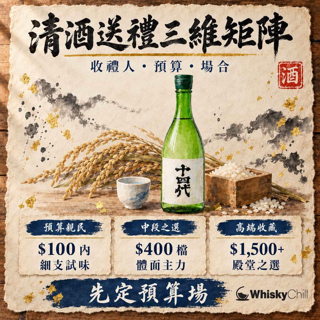 清酒送禮矩陣 2026｜收禮人 × 預算 × 場合三維對照表，$31.5–$3,426 香港實價｜主視覺圖解