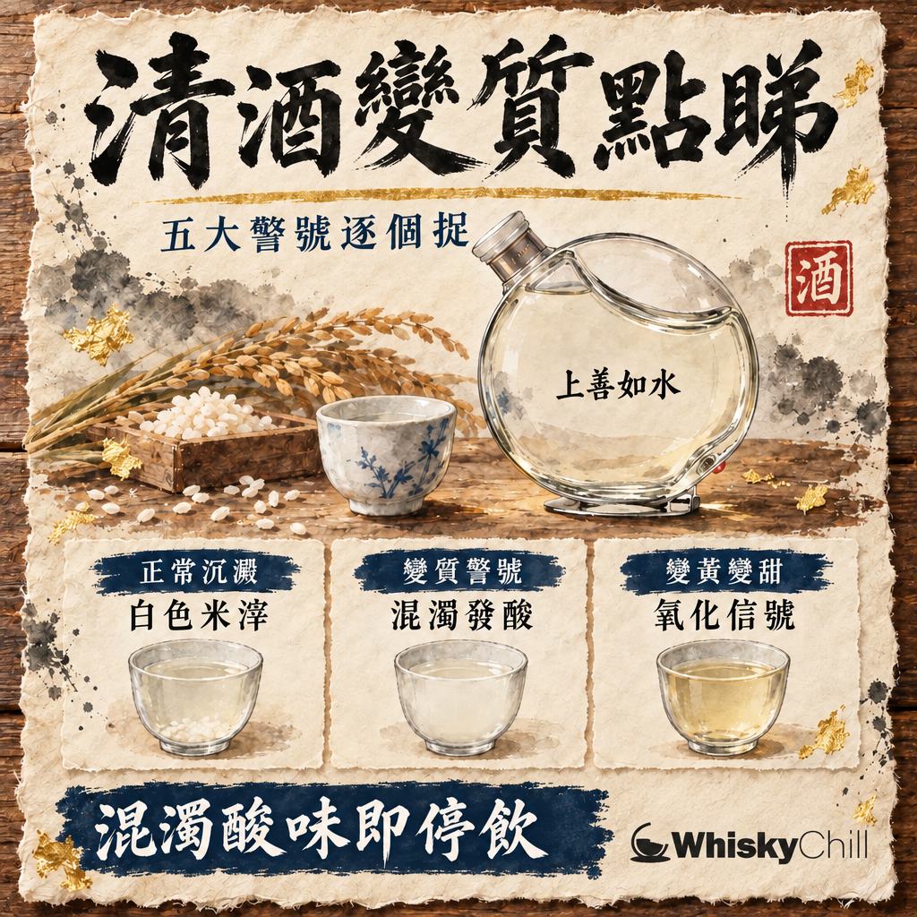 清酒變質點判斷？混濁・沉澱・變色・酸壞 5 大警號（附自救方法）｜主視覺圖解