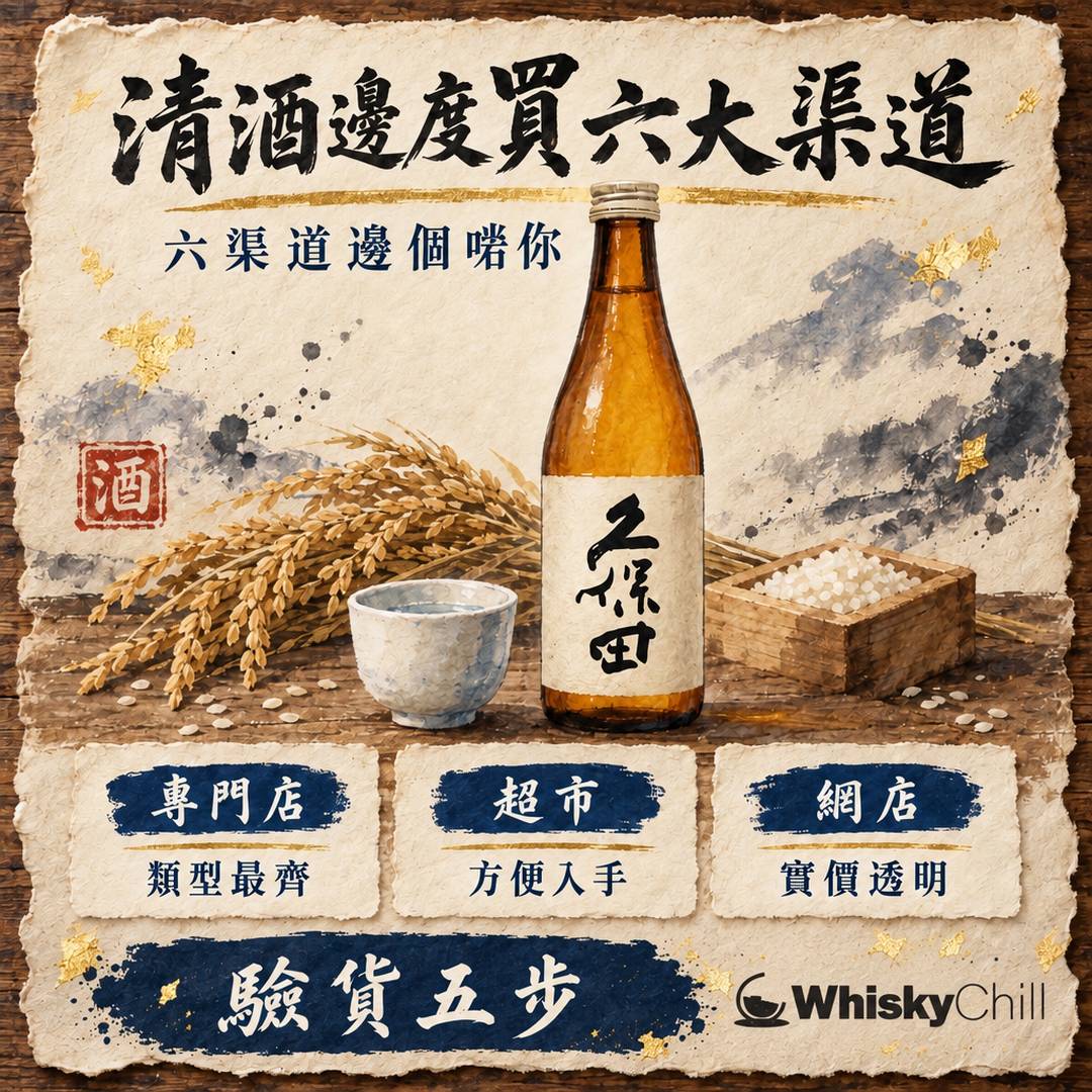 清酒邊度買香港 2026｜專門店、日超、網店、自取點邊類啱你？六大渠道比較＋驗貨教學｜WhiskyChill｜主視覺圖解