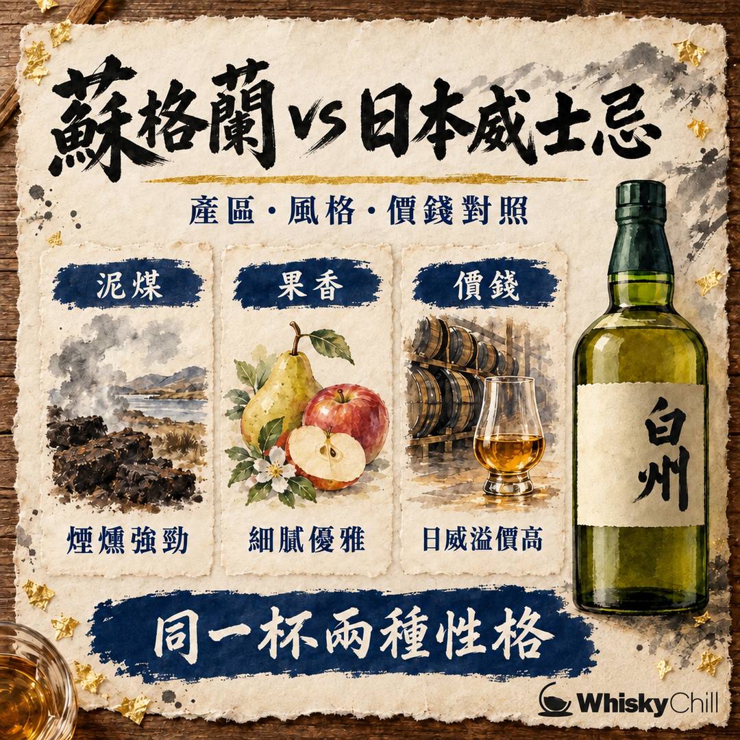 蘇格蘭威士忌 vs 日本威士忌點分？2026 香港實價對照＋新手揀邊支｜WhiskyChill｜對比一覽