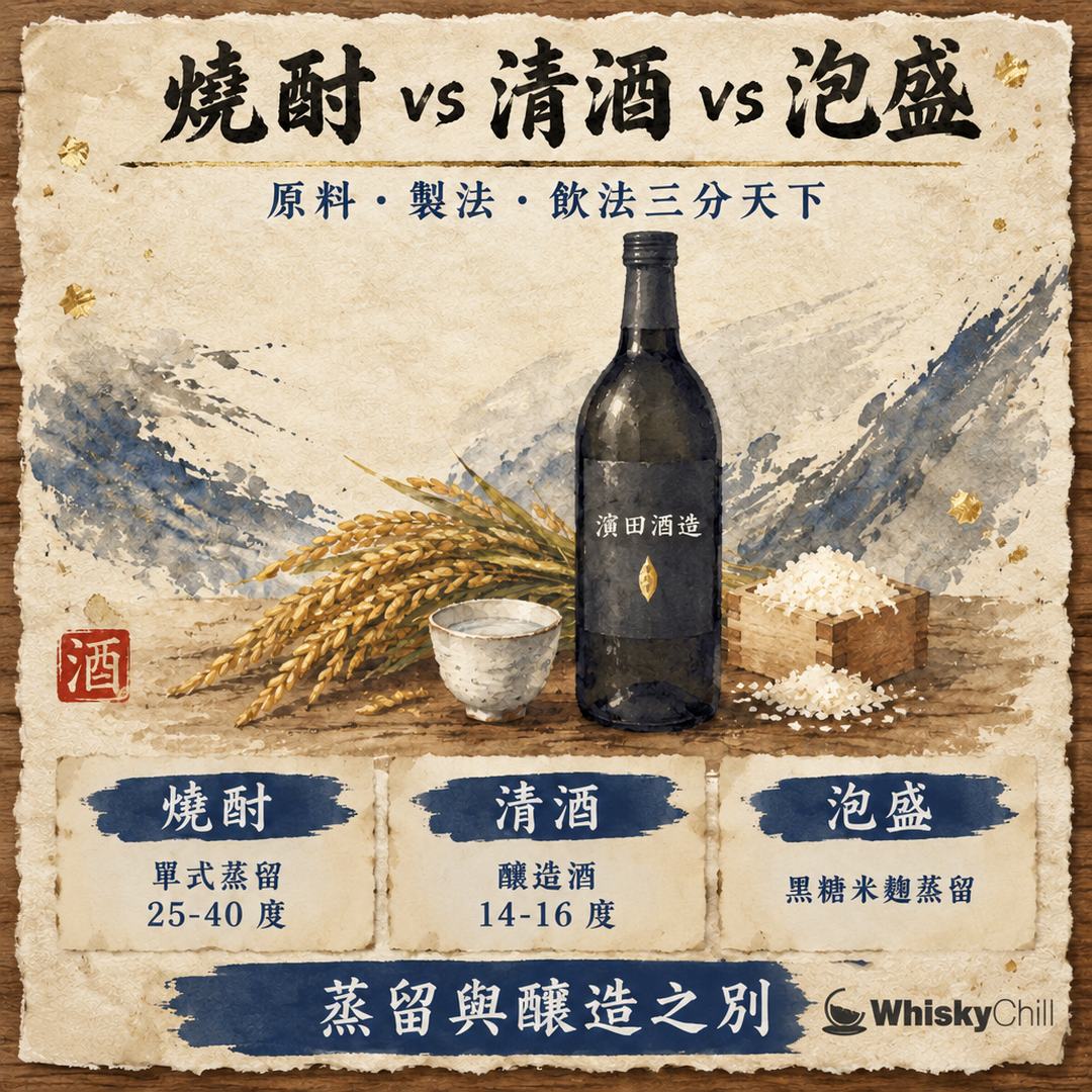 燒酎 vs 清酒 vs 泡盛｜原料、製法、度數、稅制一次分清（附 14 款香港參考價）｜主視覺圖解