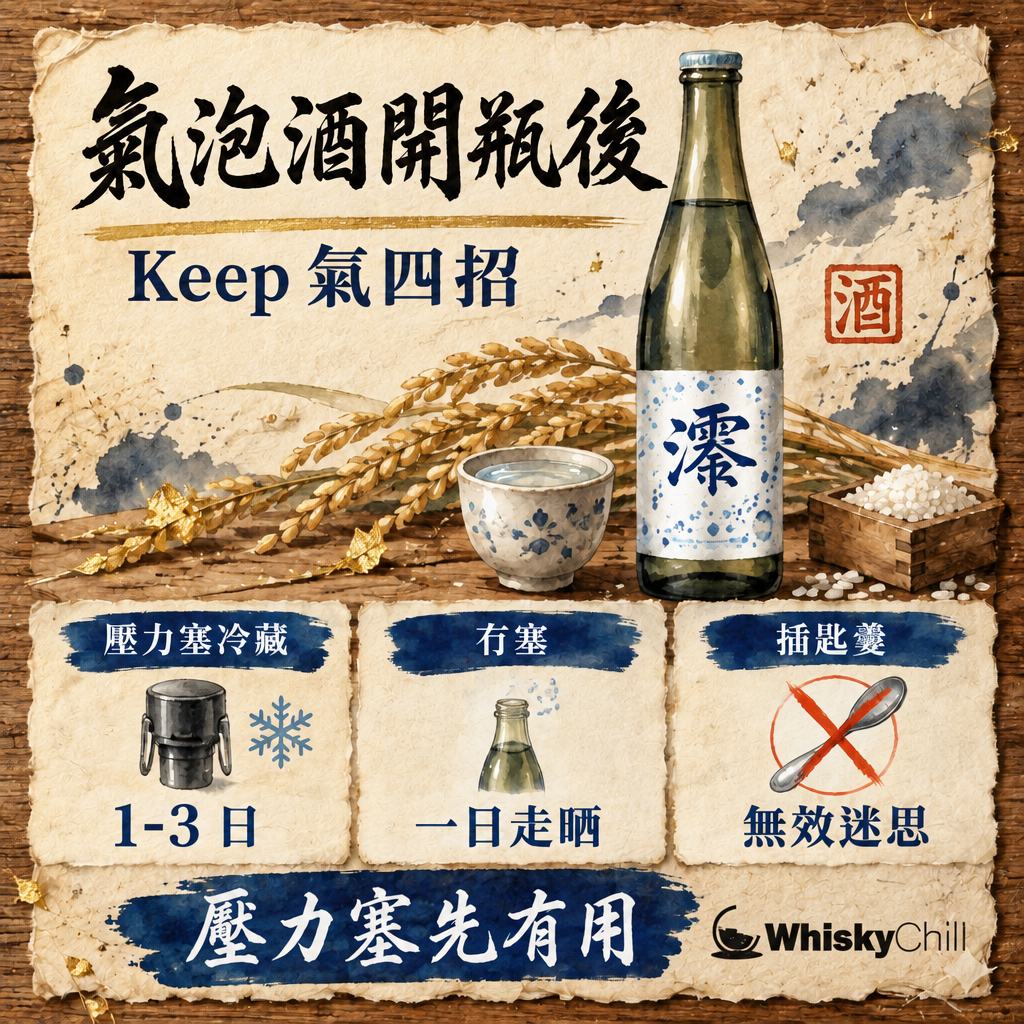 氣泡酒開瓶後點保存？Prosecco・香檳 keep 氣 4 招＋期限（2026）｜主視覺圖解