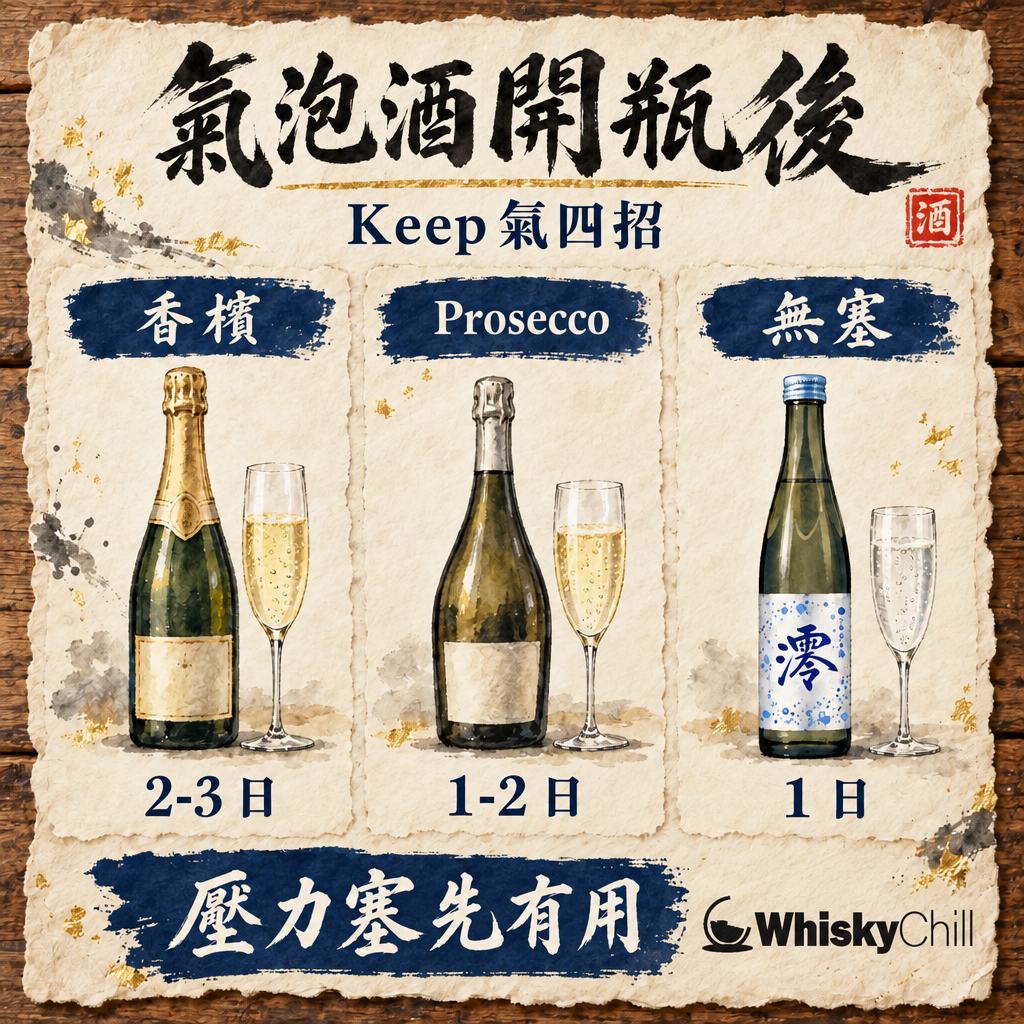 氣泡酒開瓶後點保存？Prosecco・香檳 keep 氣 4 招＋期限（2026）｜對比一覽