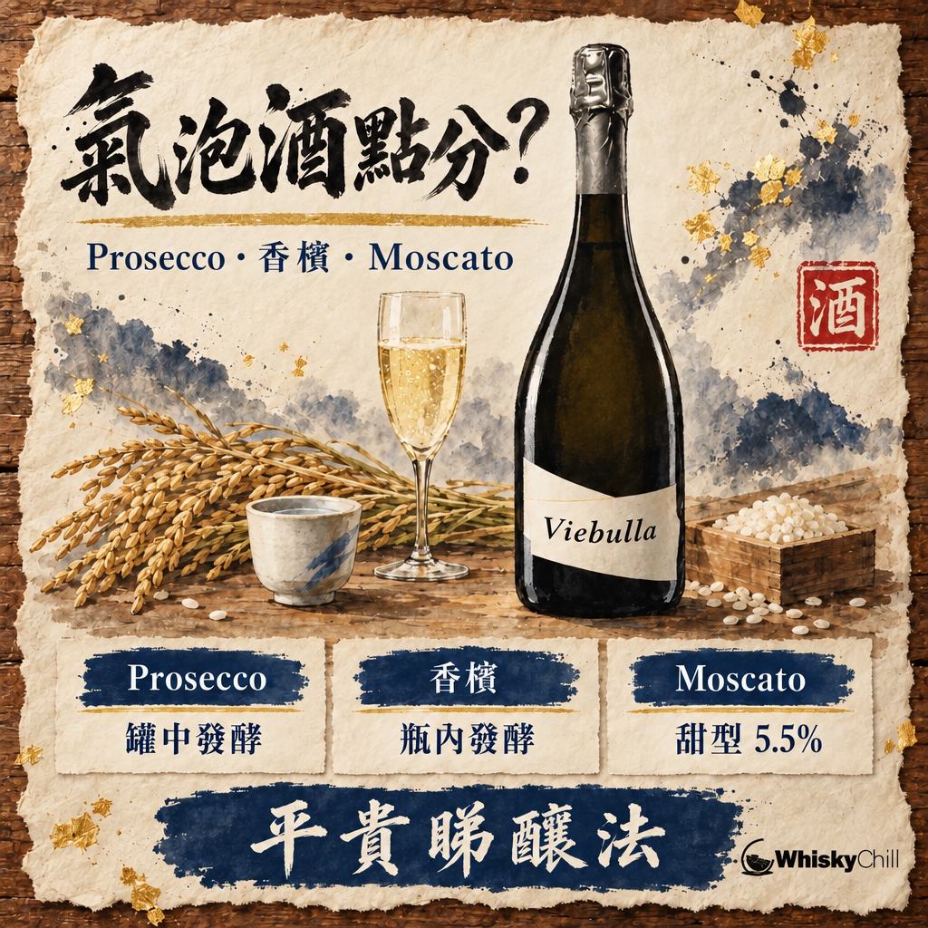 氣泡酒點分？Prosecco・Cava・香檳・Moscato 分別、甜度、陳年潛力全對照（2026）｜主視覺圖解