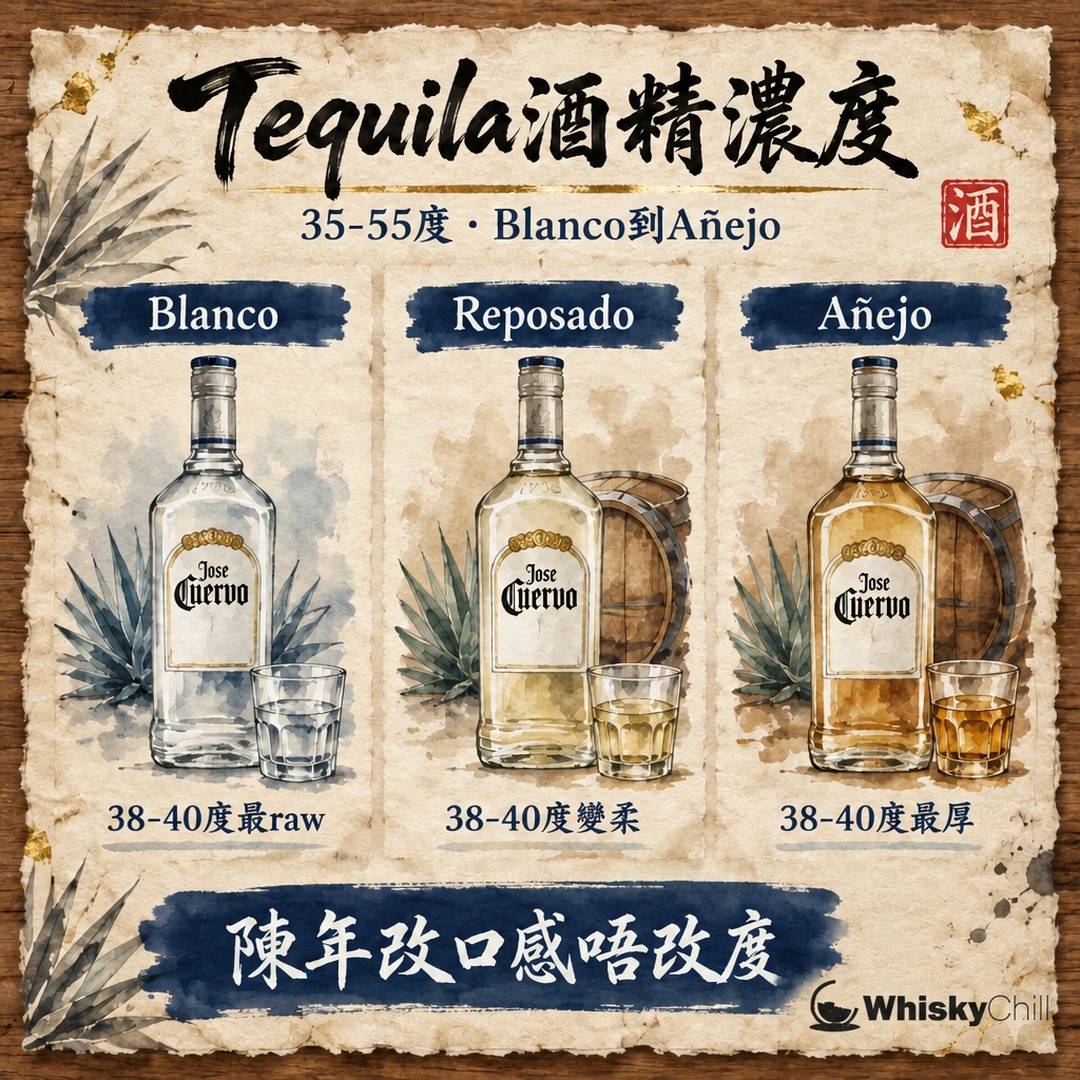 Tequila 酒精濃度係幾多？35–55% 全解析｜Blanco、Reposado、Añejo 度數一樣嗎？（香港）｜對比一覽
