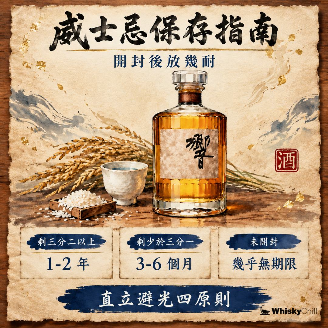 威士忌保存指南 2026｜開封後放幾耐、要唔要冰？直立避光四大原則｜主視覺圖解