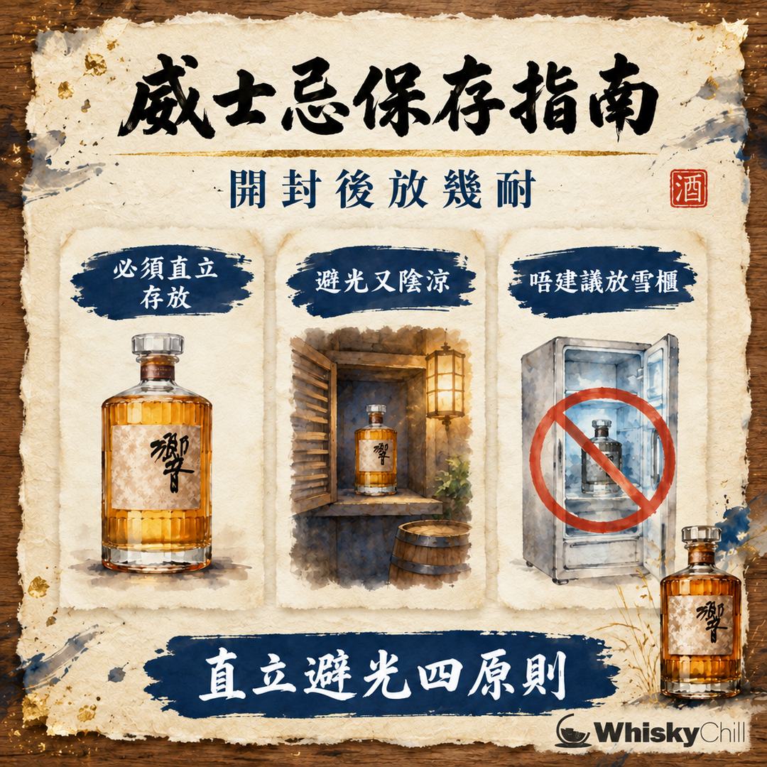 威士忌保存指南 2026｜開封後放幾耐、要唔要冰？直立避光四大原則｜三個重點