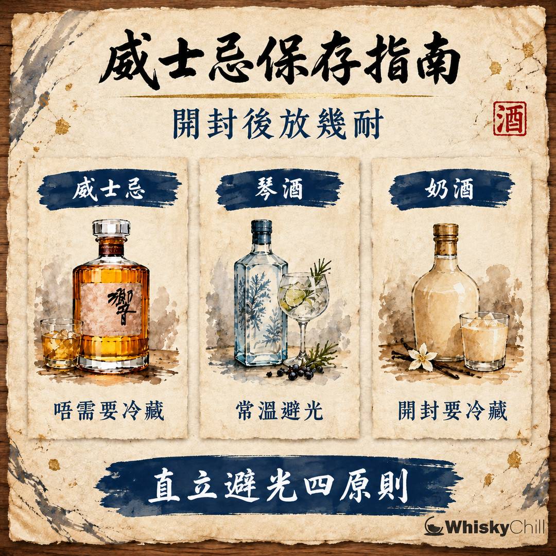 威士忌保存指南 2026｜開封後放幾耐、要唔要冰？直立避光四大原則｜對比一覽