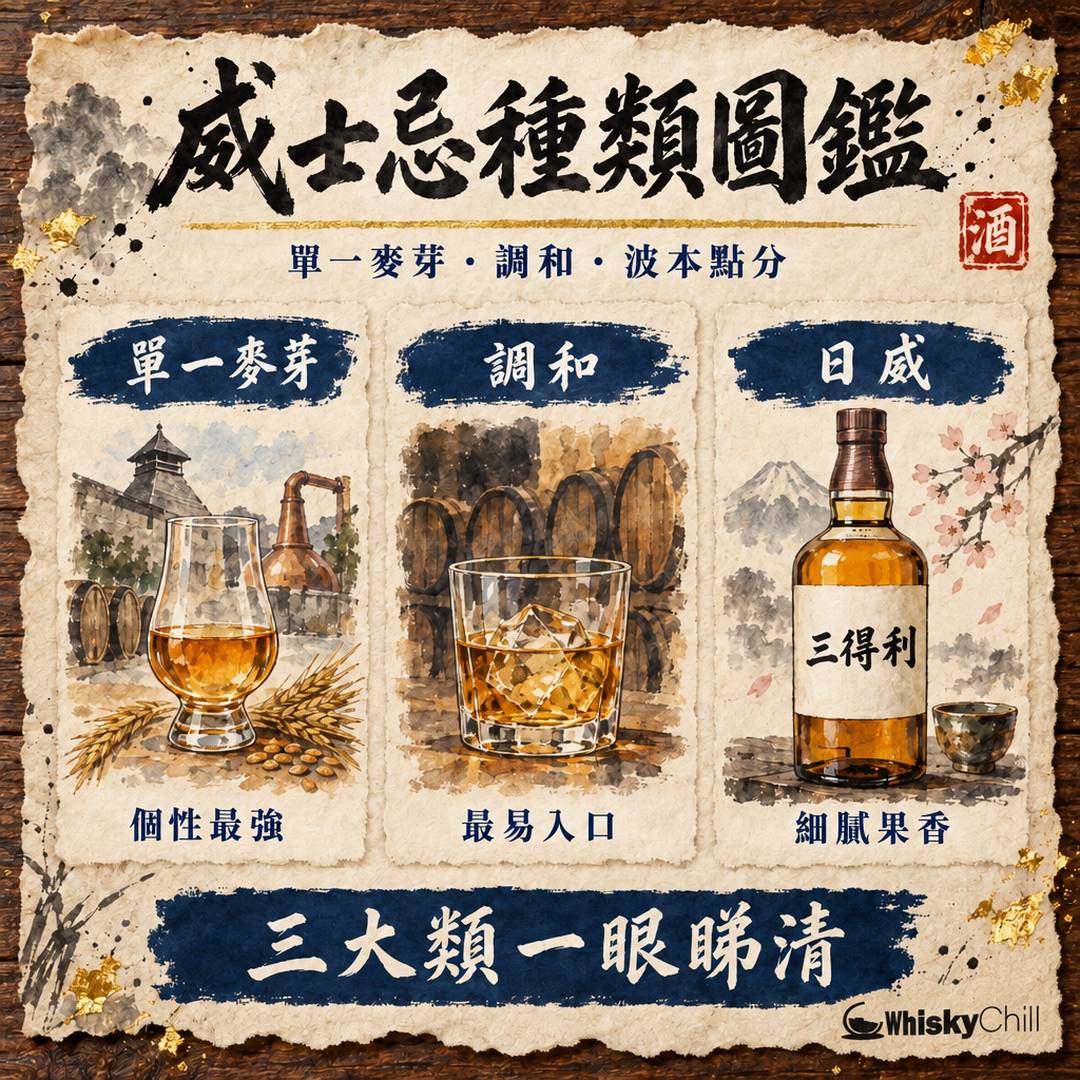 威士忌種類完全指南 2026｜單一麥芽、調和、波本、日威點分？香港實價對照｜WhiskyChill｜對比一覽
