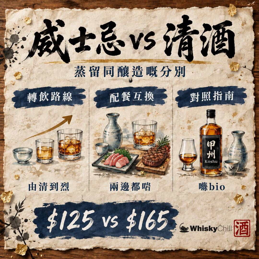 威士忌 vs 清酒有咩分別？蒸留同釀造、40 度同 15 度、由轉飲到收藏一次講清｜WhiskyChill｜對比一覽