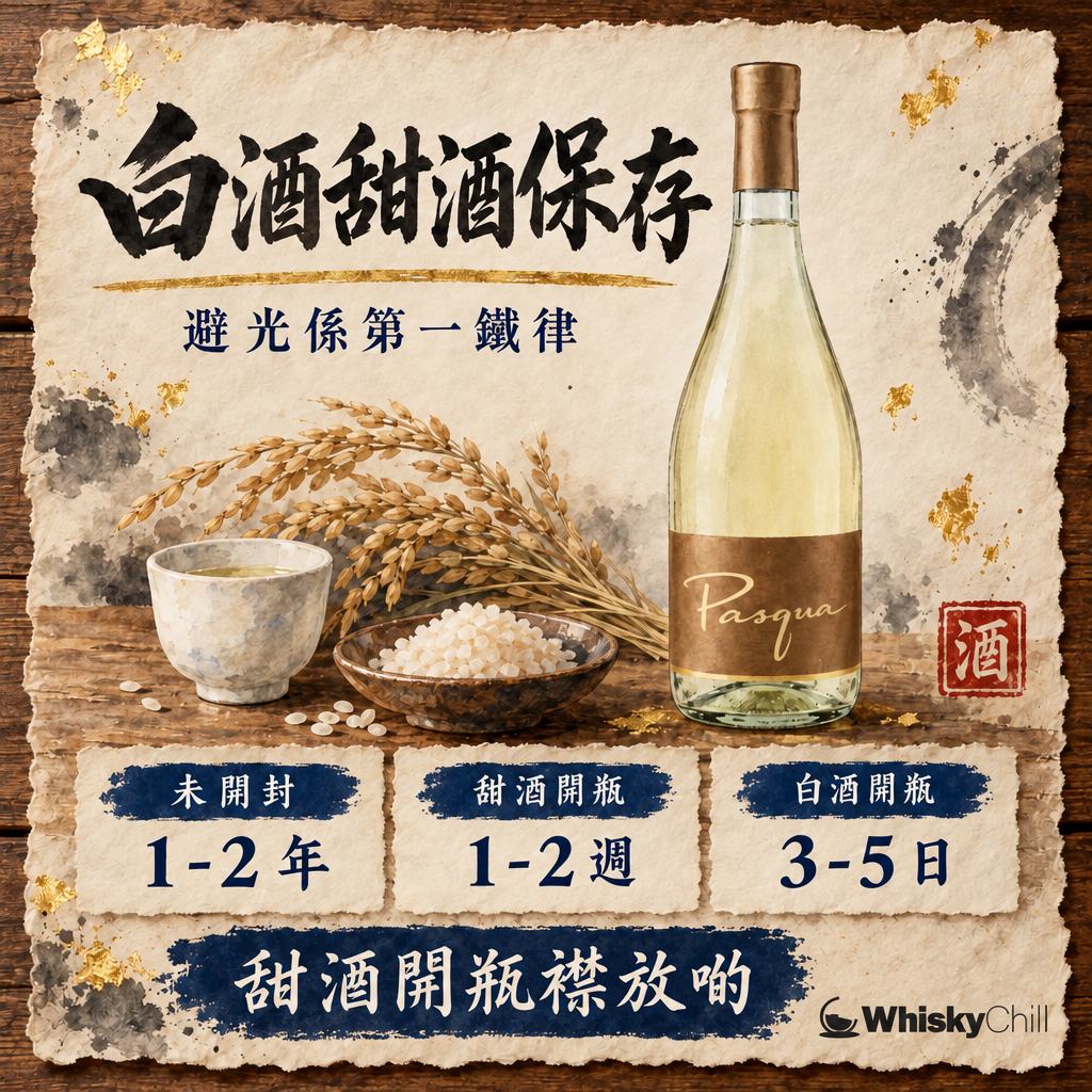 白酒・甜酒保存指南：Moscato・冰酒・Riesling 開瓶後放幾耐（2026）｜主視覺圖解