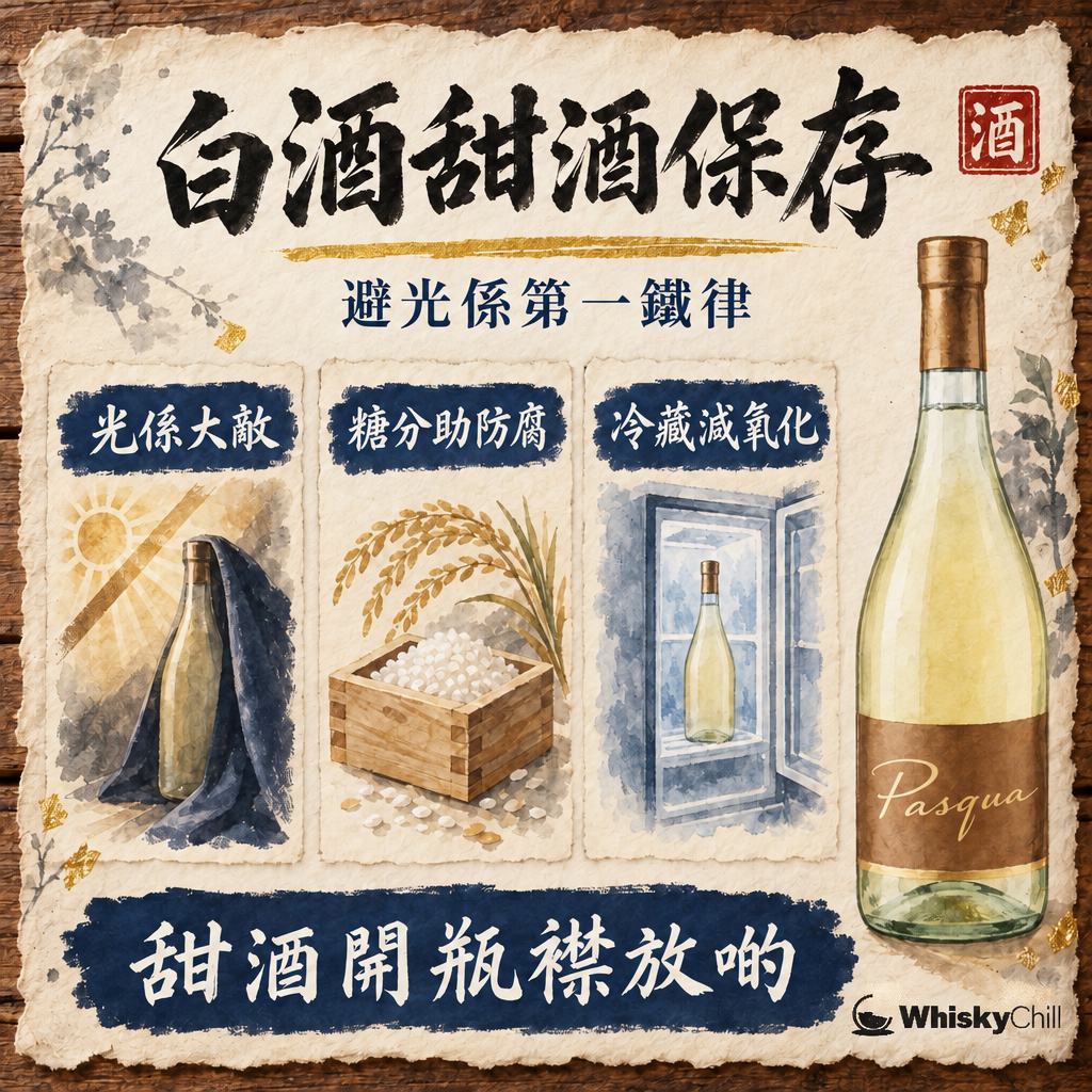 白酒・甜酒保存指南：Moscato・冰酒・Riesling 開瓶後放幾耐（2026）｜三個重點
