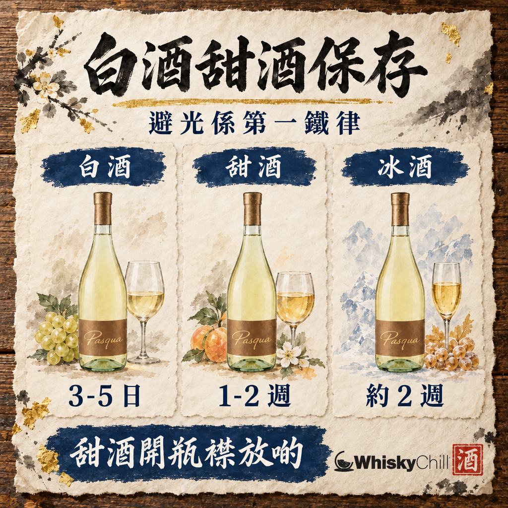 白酒・甜酒保存指南：Moscato・冰酒・Riesling 開瓶後放幾耐（2026）｜對比一覽