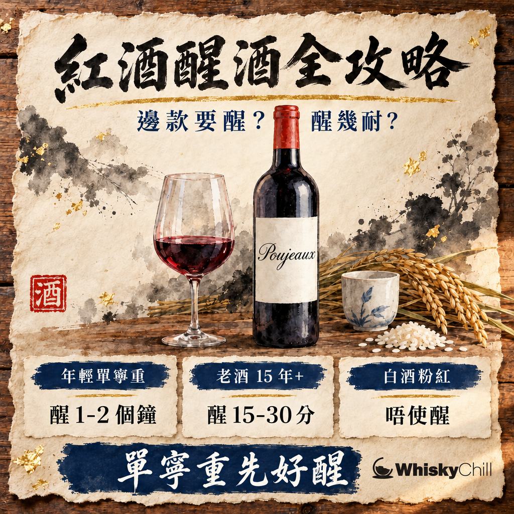 紅酒醒酒全攻略：邊款要醒、醒幾耐、冇醒酒器點算？單寧・掛杯・侍酒溫度一次明（2026）｜主視覺圖解