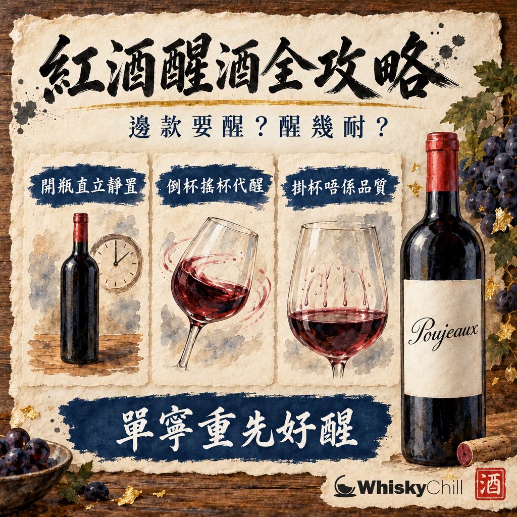 紅酒醒酒全攻略：邊款要醒、醒幾耐、冇醒酒器點算？單寧・掛杯・侍酒溫度一次明（2026）｜三個重點