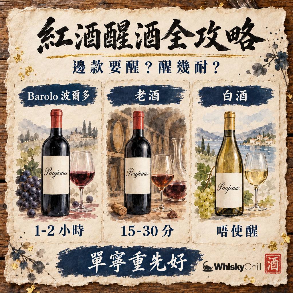 紅酒醒酒全攻略：邊款要醒、醒幾耐、冇醒酒器點算？單寧・掛杯・侍酒溫度一次明（2026）｜對比一覽
