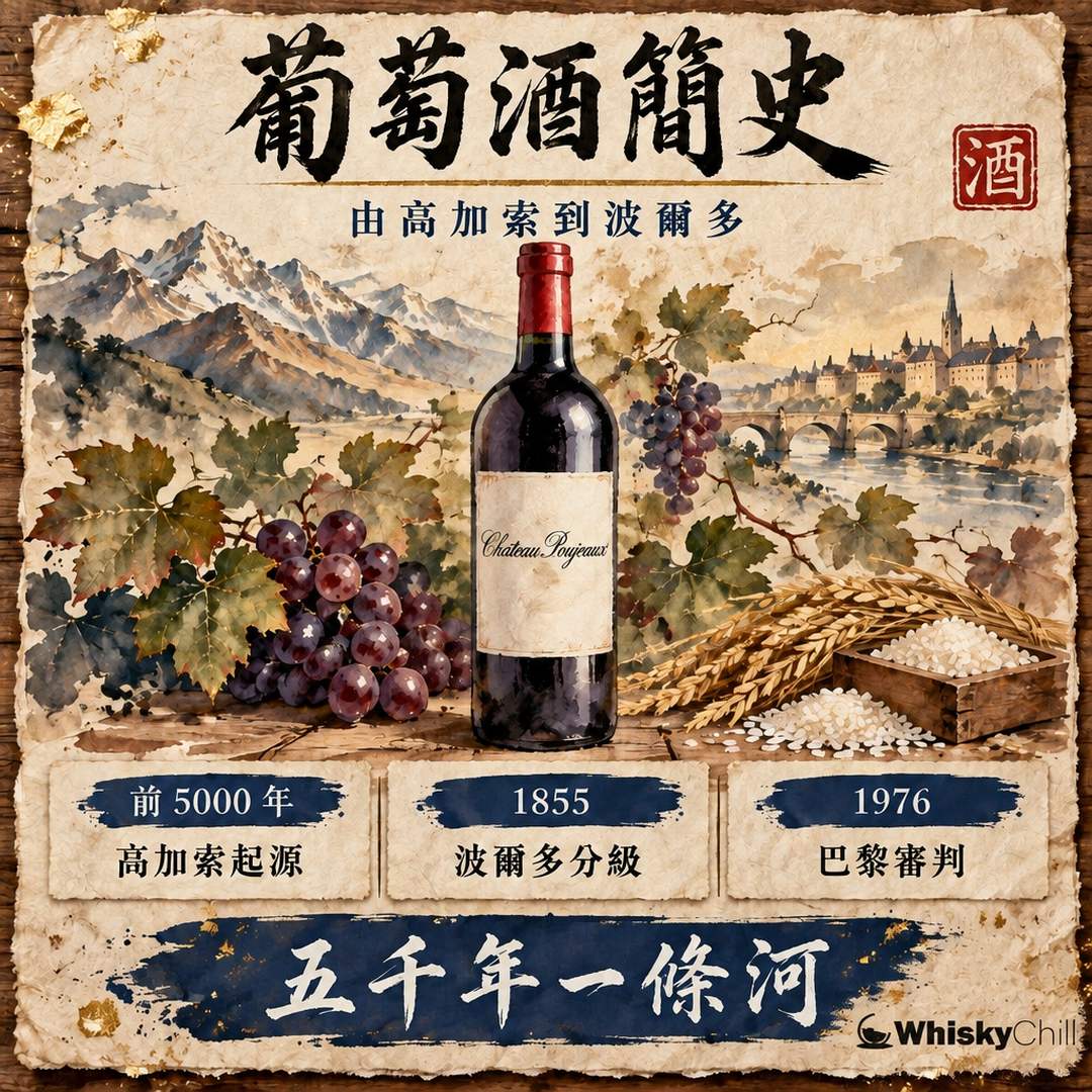 葡萄酒簡史：由公元前5000年高加索到波爾多分級、新世界崛起｜主視覺圖解