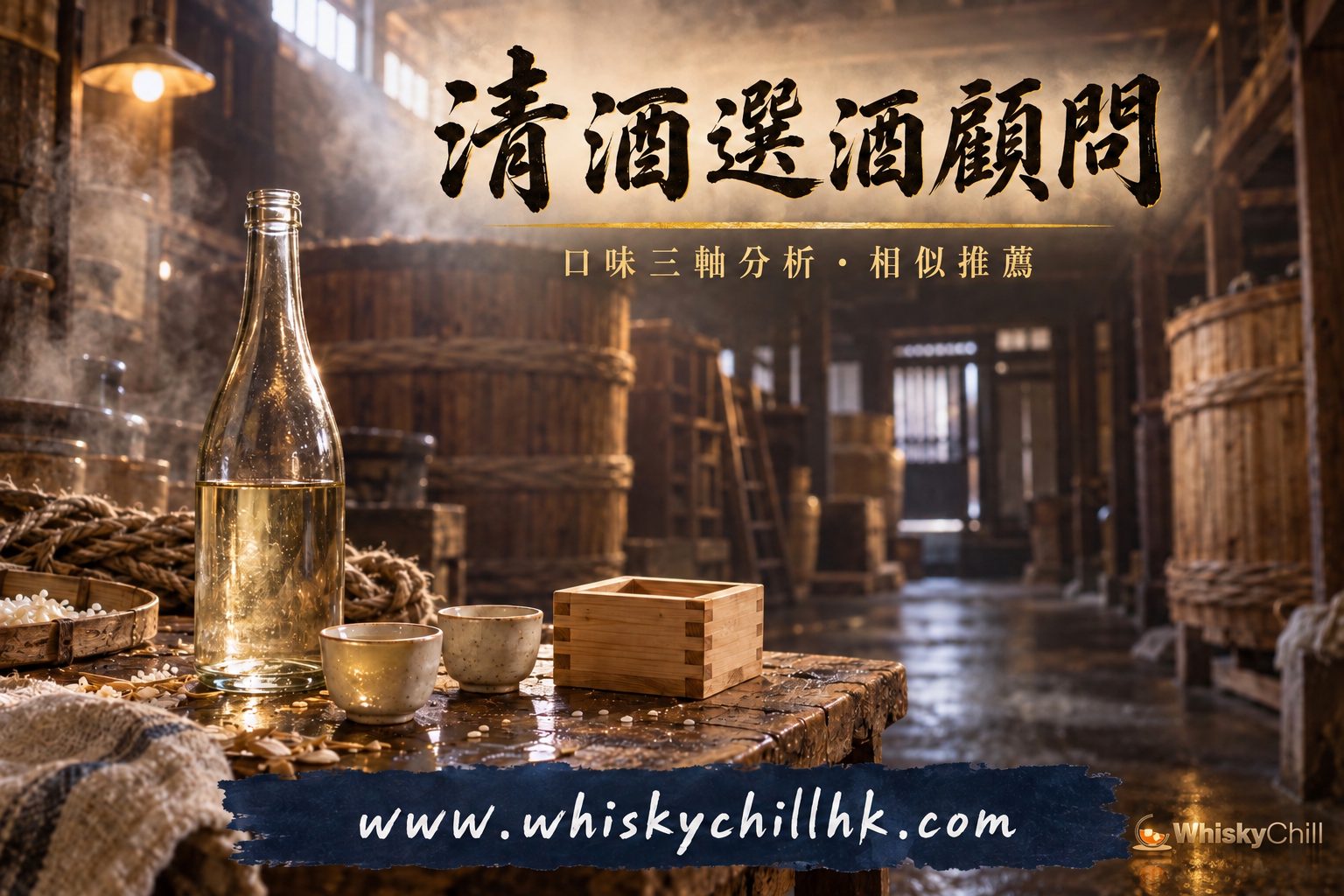 清酒選酒顧問:酒藏紀實攝影場景,杉木枡與素身酒瓶在暖光下