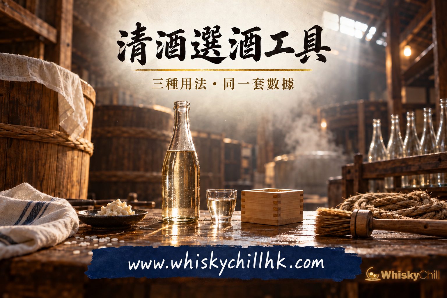 清酒選酒工具:暗調電影感酒具與金色光絲