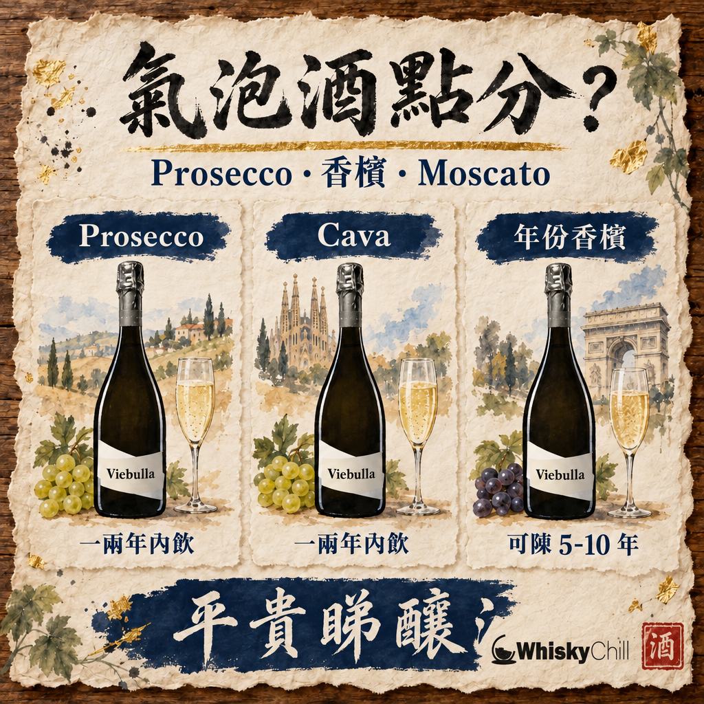 氣泡酒點分？Prosecco・Cava・香檳・Moscato 分別、甜度、陳年潛力全對照（2026）｜對比一覽