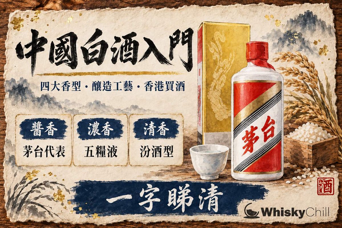 暖木色調手繪風資訊圖，木枱上放住白酒小杯同酒樽，並排展示醬香、濃香兩大香型嘅代表酒款