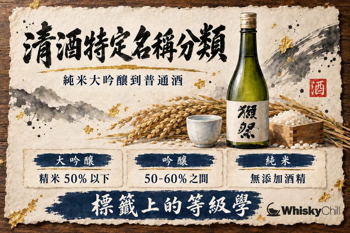 三支清酒並排企喺木桌,酒標正面朝前,分別展示純米大吟釀、純米吟釀同本釀造字樣
