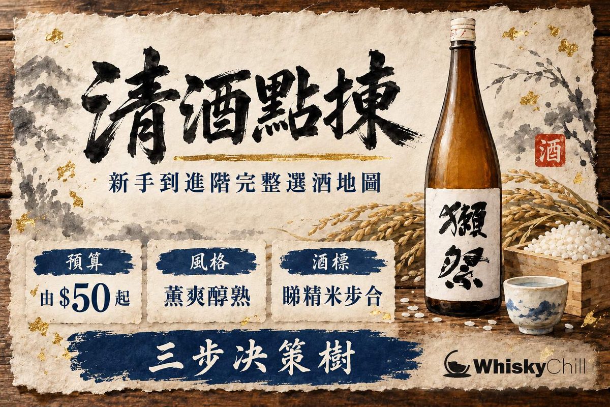 木枱上一張手繪風清酒選酒決策地圖，米白色和紙上畫住酒瓶、酒杯同箭頭路徑