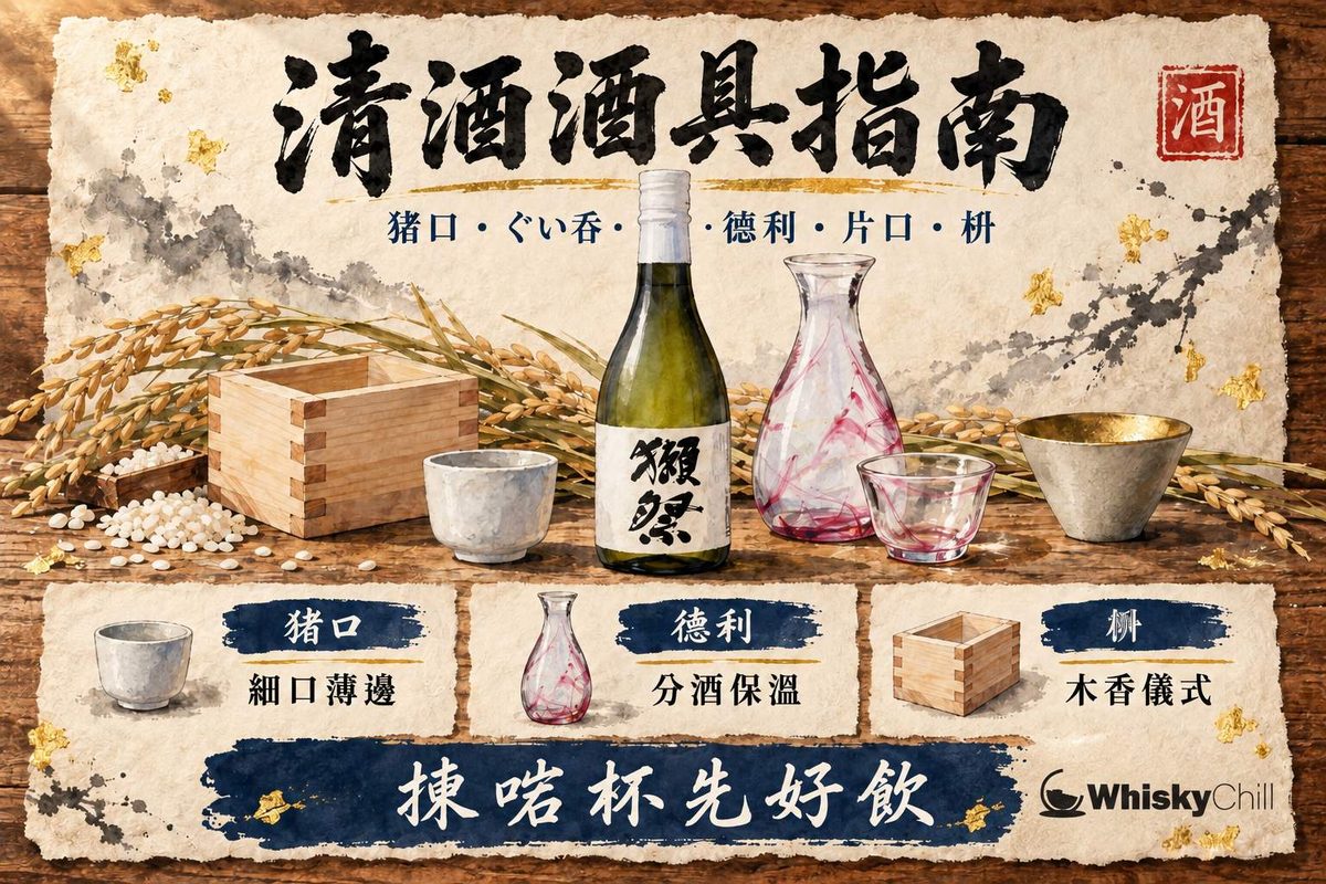 木枱上並排五款清酒酒具,猪口、ぐい呑、德利酒壺、片口與杉木枡,旁放一瓶清酒