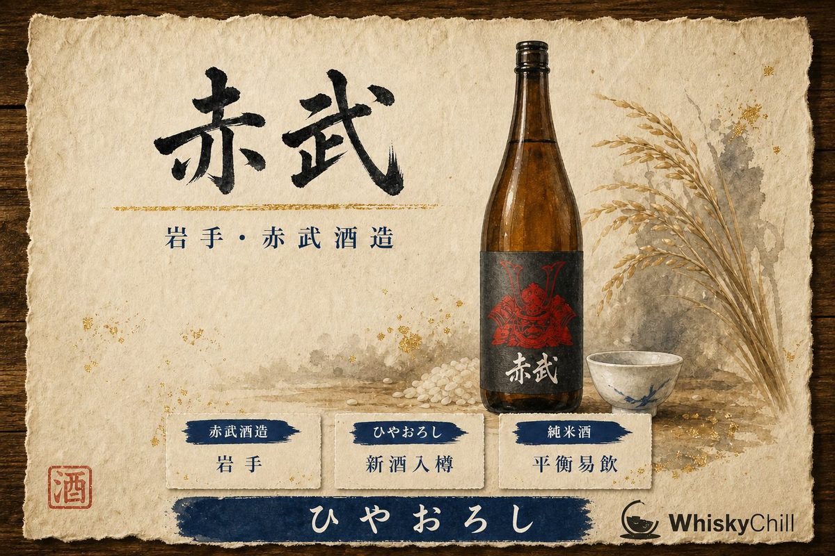 赤武 AKABU 純米吟釀酒瓶同酒杯,背景係岩手山雪景