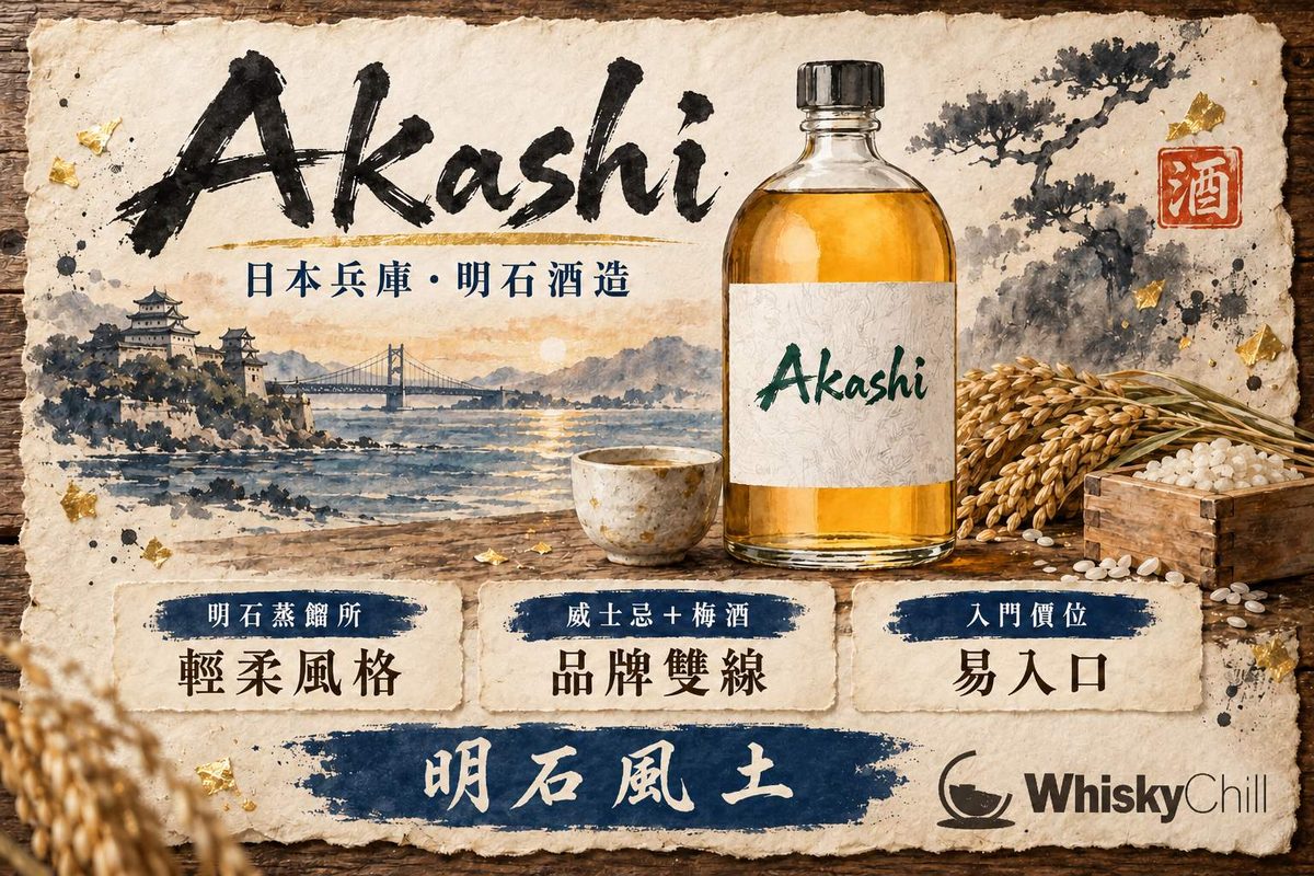 明石威士忌酒瓶與兵庫縣明石海峽大橋黃昏海景意境