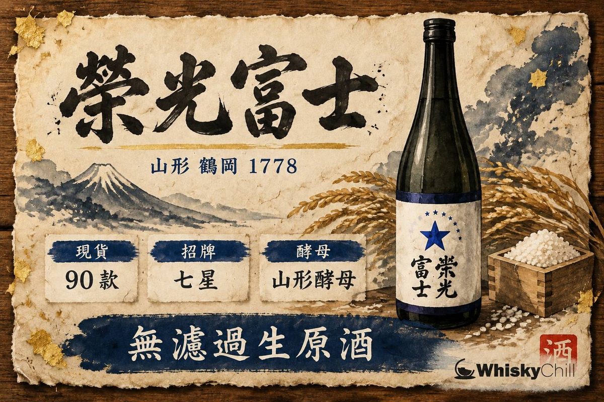 榮光富士無濾過生原酒酒瓶與酒杯,背景係山形縣鶴岡市嘅田園與雪山