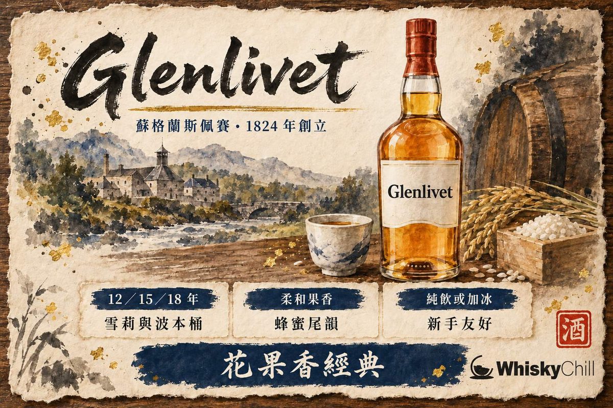 蘇格蘭斯佩塞河谷意境，格蘭利威單一麥芽威士忌酒瓶與聞香杯