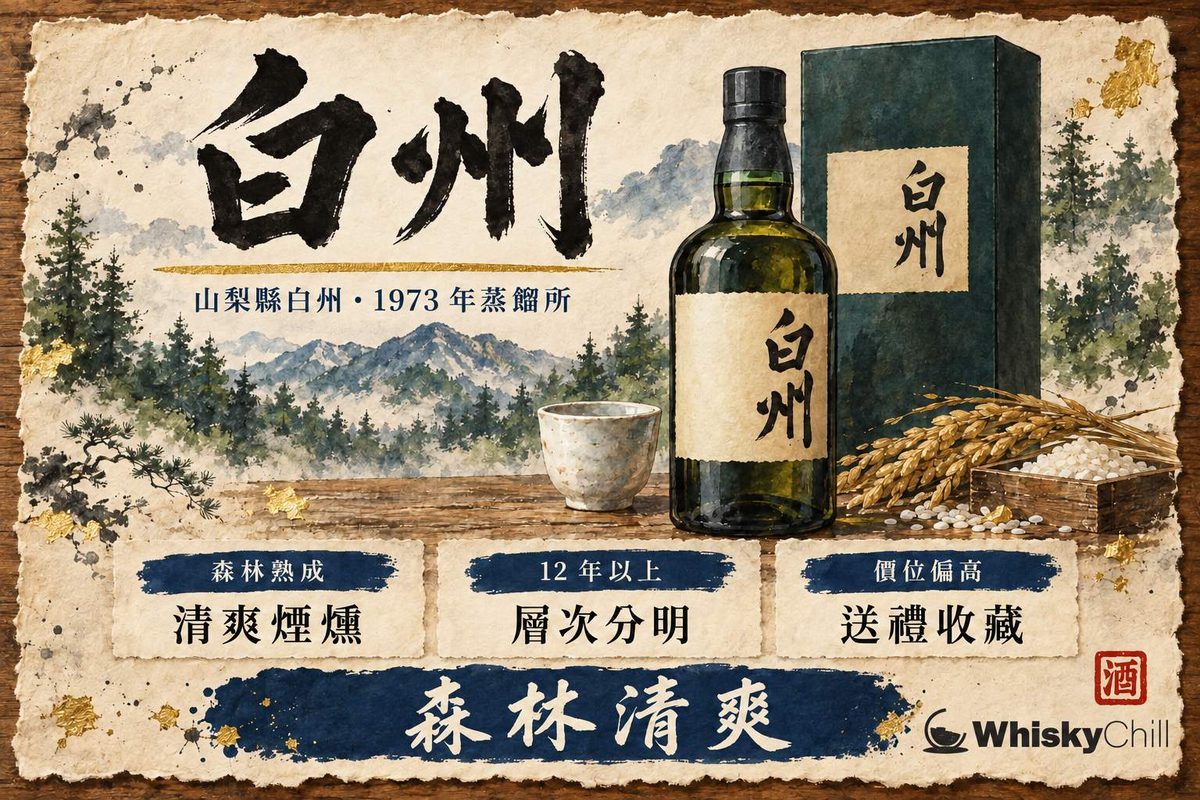 白州單一麥芽威士忌酒瓶置於山梨森林苔蘚與晨霧中