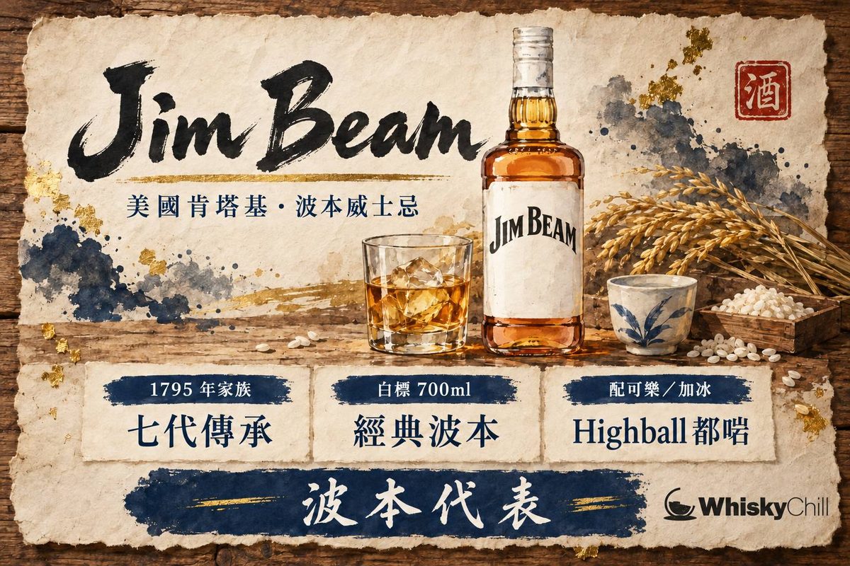 金賓波本威士忌瓶身同加冰酒杯,背景係肯塔基橡木桶倉庫嘅暖黃燈光