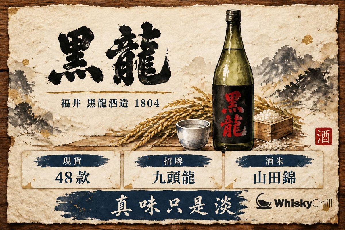 黑龍清酒深綠瓶身同酒杯，背景係福井縣九頭龍川流域嘅山水意境