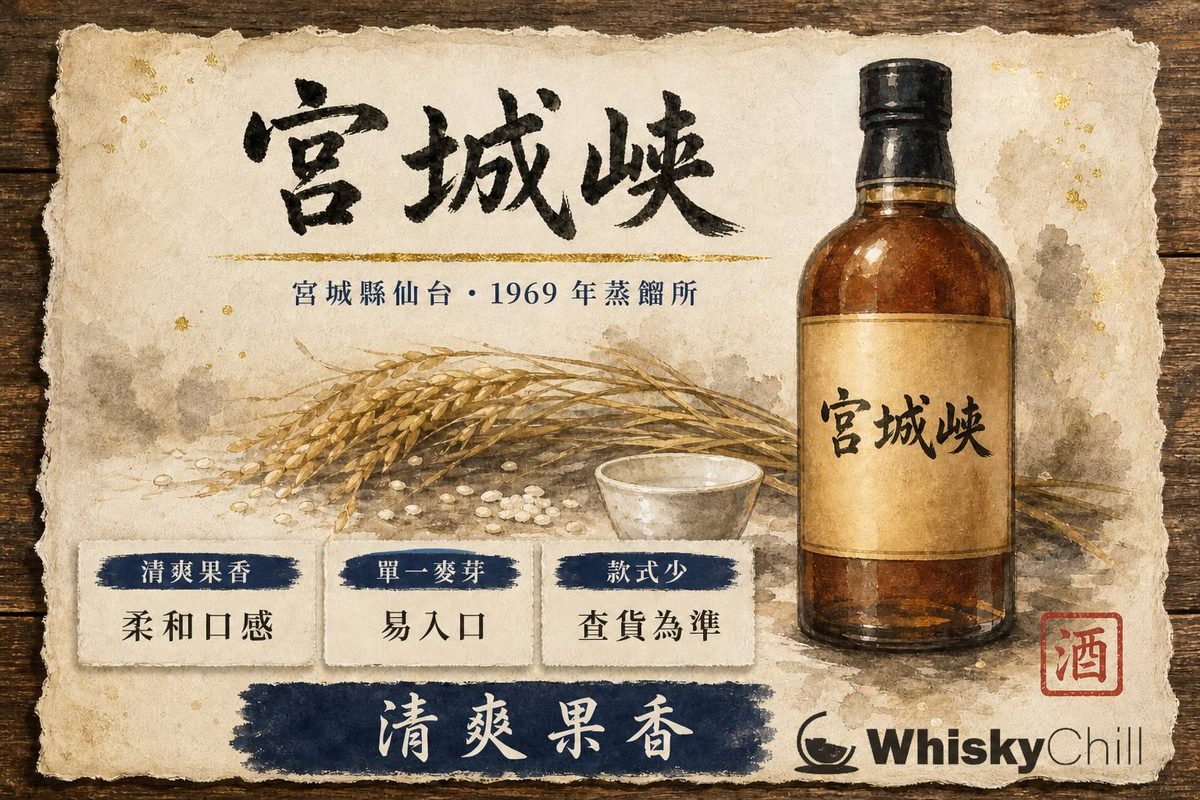宮城峽山谷溪流與晨霧意境，旁放宮城峽單一麥芽威士忌酒瓶