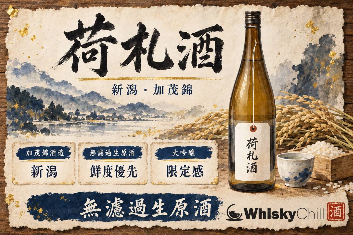 荷札酒純米大吟釀酒瓶與新潟加茂市湧水田野意境