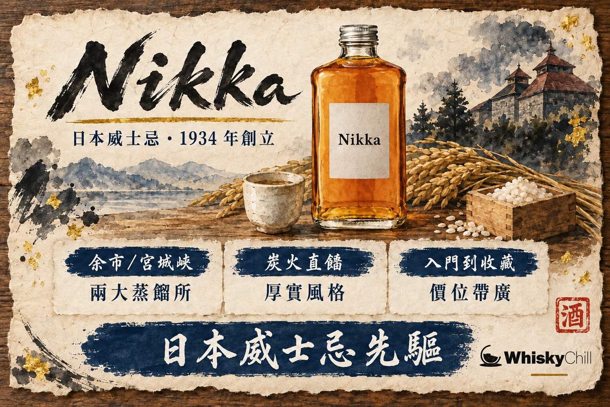 日果 Nikka 威士忌酒瓶與北海道余市蒸餾所紅磚倉庫雪景意境