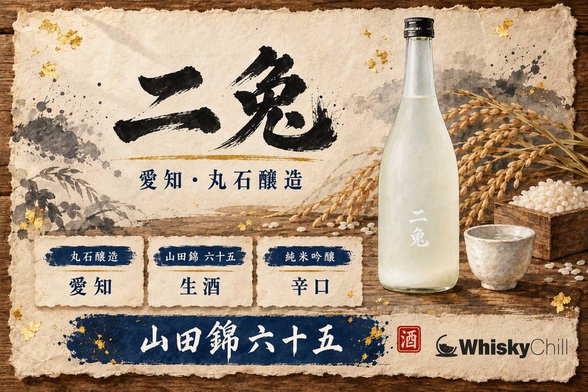 二兔純米吟釀酒瓶同白瓷酒杯,背景係岡崎田園同遠山