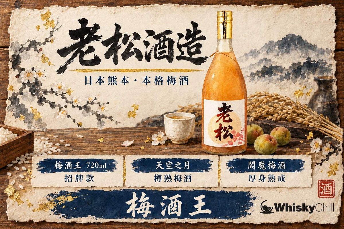 琥珀色樽熟梅酒倒入玻璃杯,杯邊放兩粒青梅,背後係木桶酒藏一景
